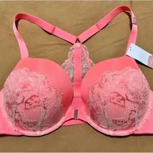 Cacique Boost Plunge Lace-Accent Coral Push-Up T-Back Bra w/ Adjustable Straps